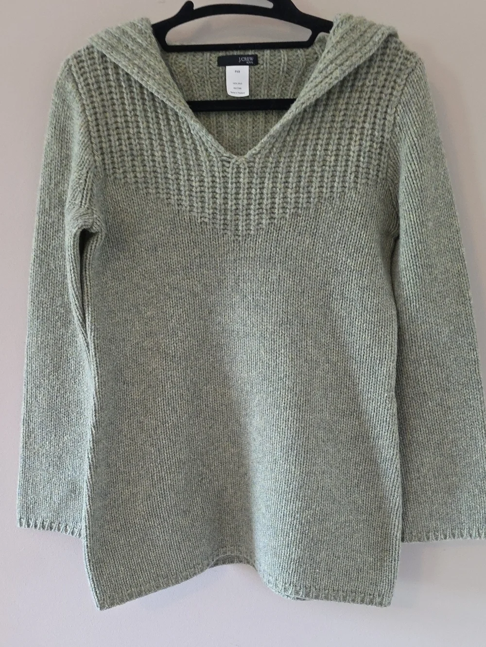 J. Crew Light Sage V-Neck Hooded Knit Sweater
